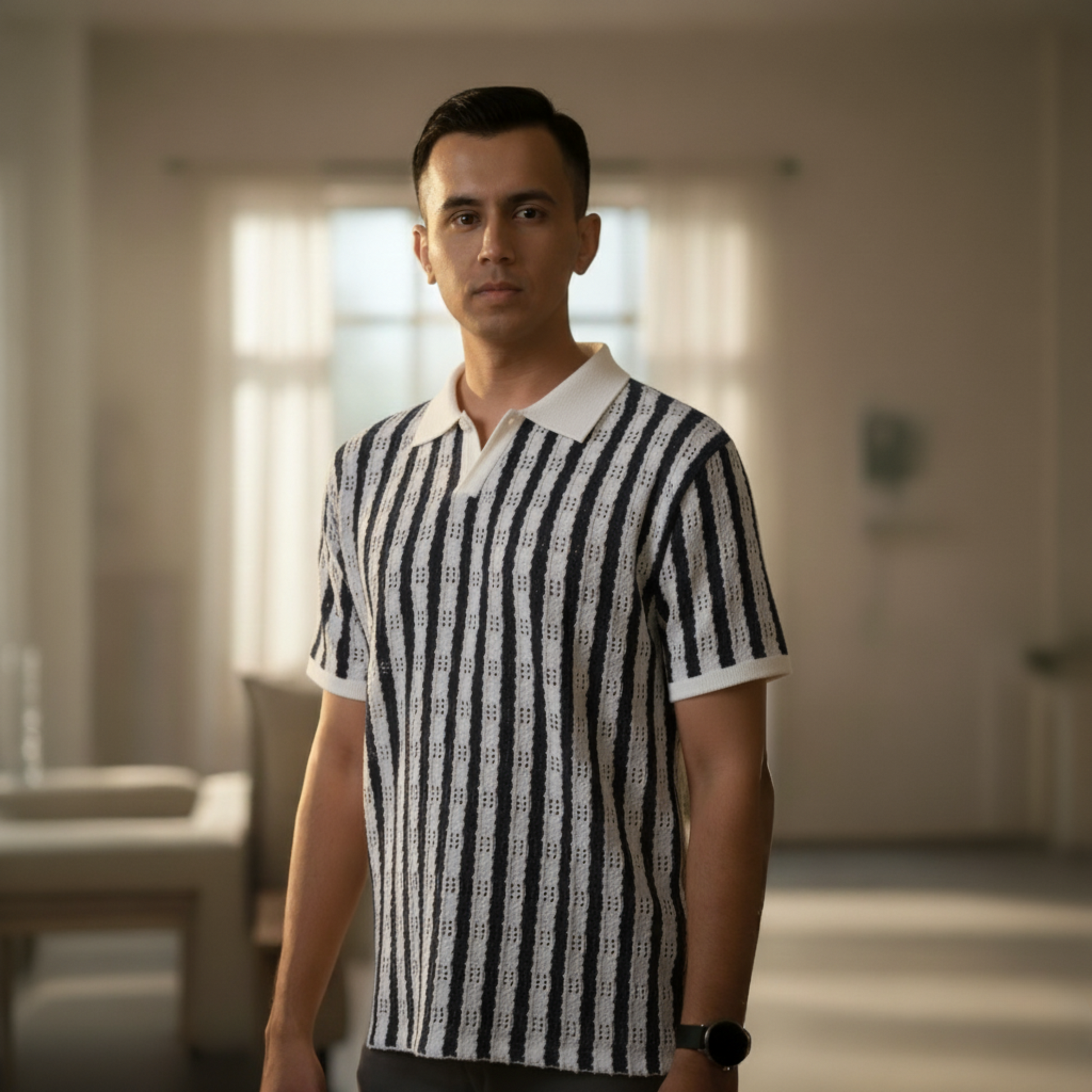 Retro Knit Striped Polo | Monochrome Black & White | TheAneesh