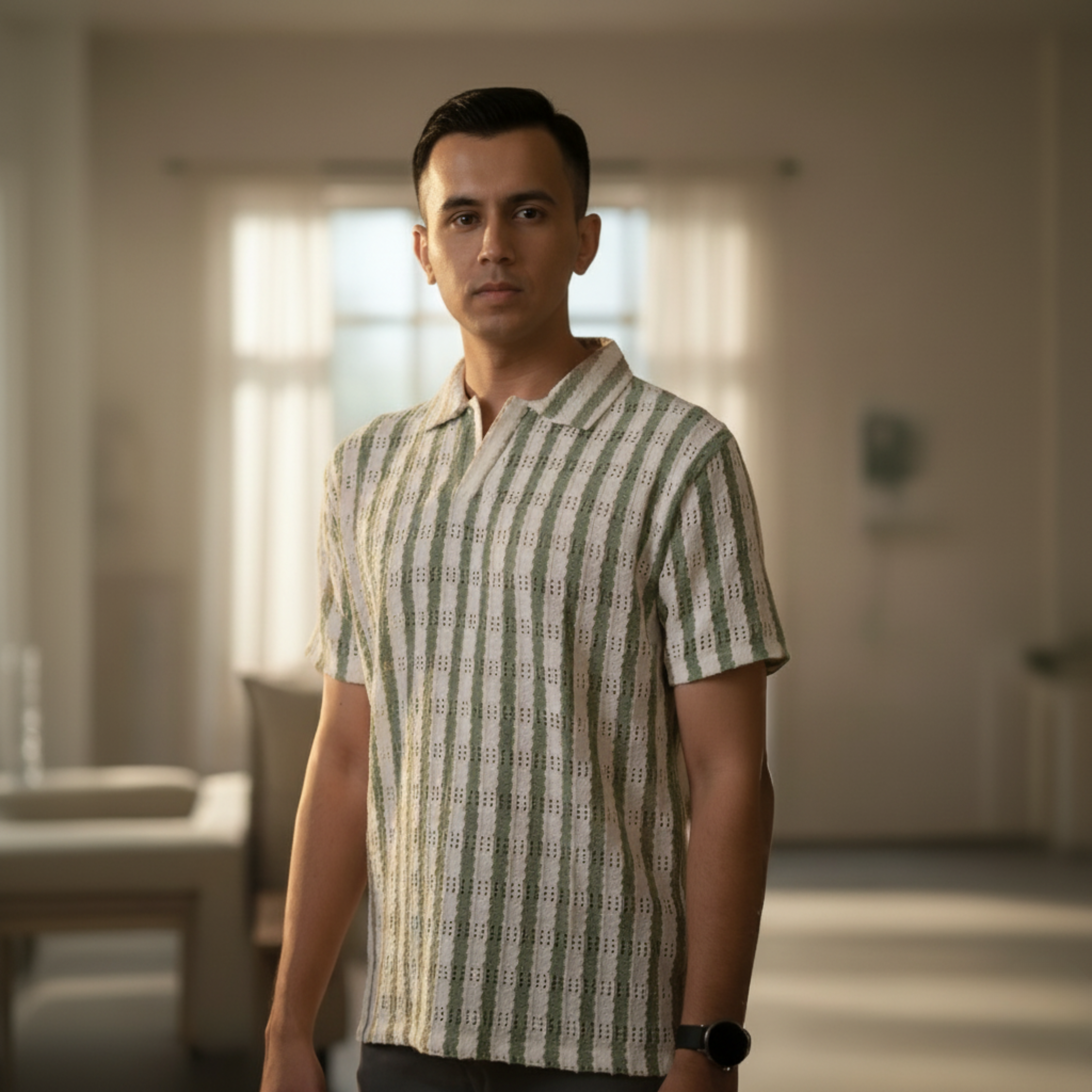 Man wearing a patterned shirt standing in a softly lit room.