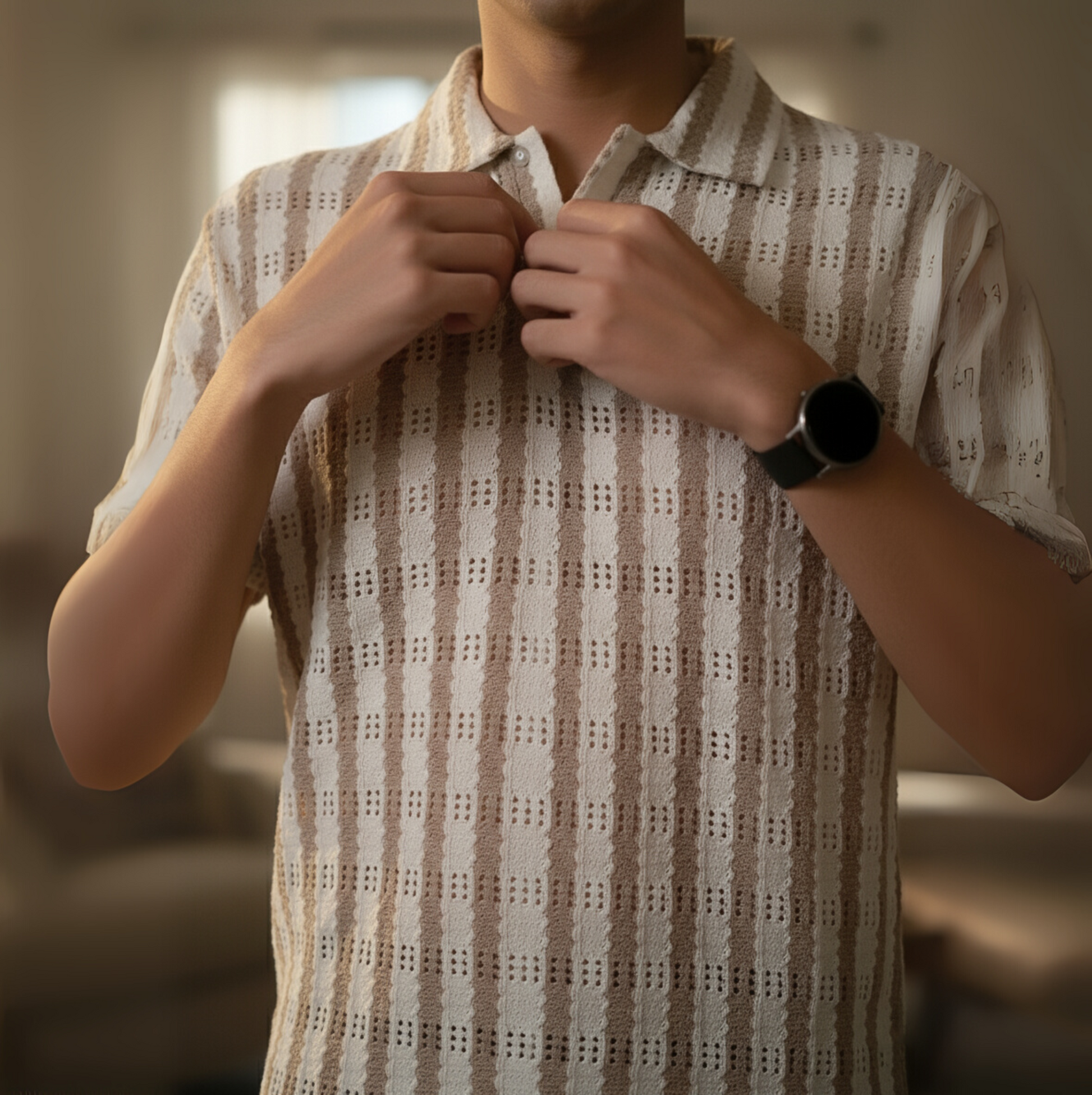 Retro Knit Striped Polo | Sand & Cream | TheAneesh