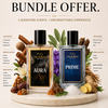 Two perfume bottles labeled 'Aura' and 'Prime' with spice and freshness elements on a beige background.