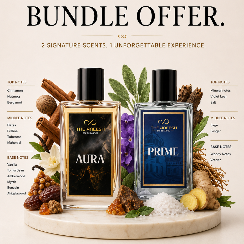 Two perfume bottles labeled 'Aura' and 'Prime' with spice and freshness elements on a beige background.