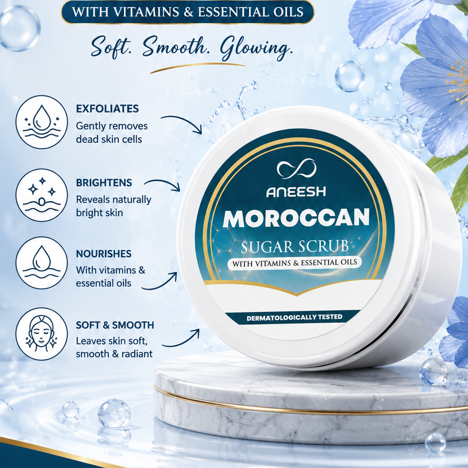 Aneesh Nila Sugar Scrub packaging with floral elements on a blue background