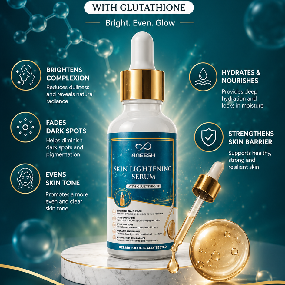 Aneesh Skin Lightening Serum with Glutathione on a dark blue background