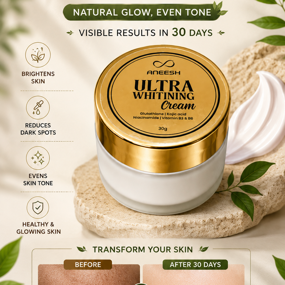 Aneesh Ultra Whitening Cream packaging with cream jar and leaf elements on a light background