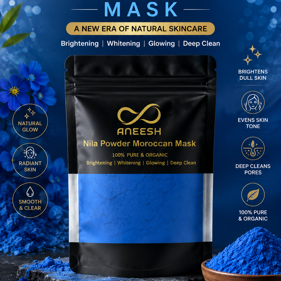 Aneesh Moroccan Nila Powder Mask packaging with blue powder and branding details.