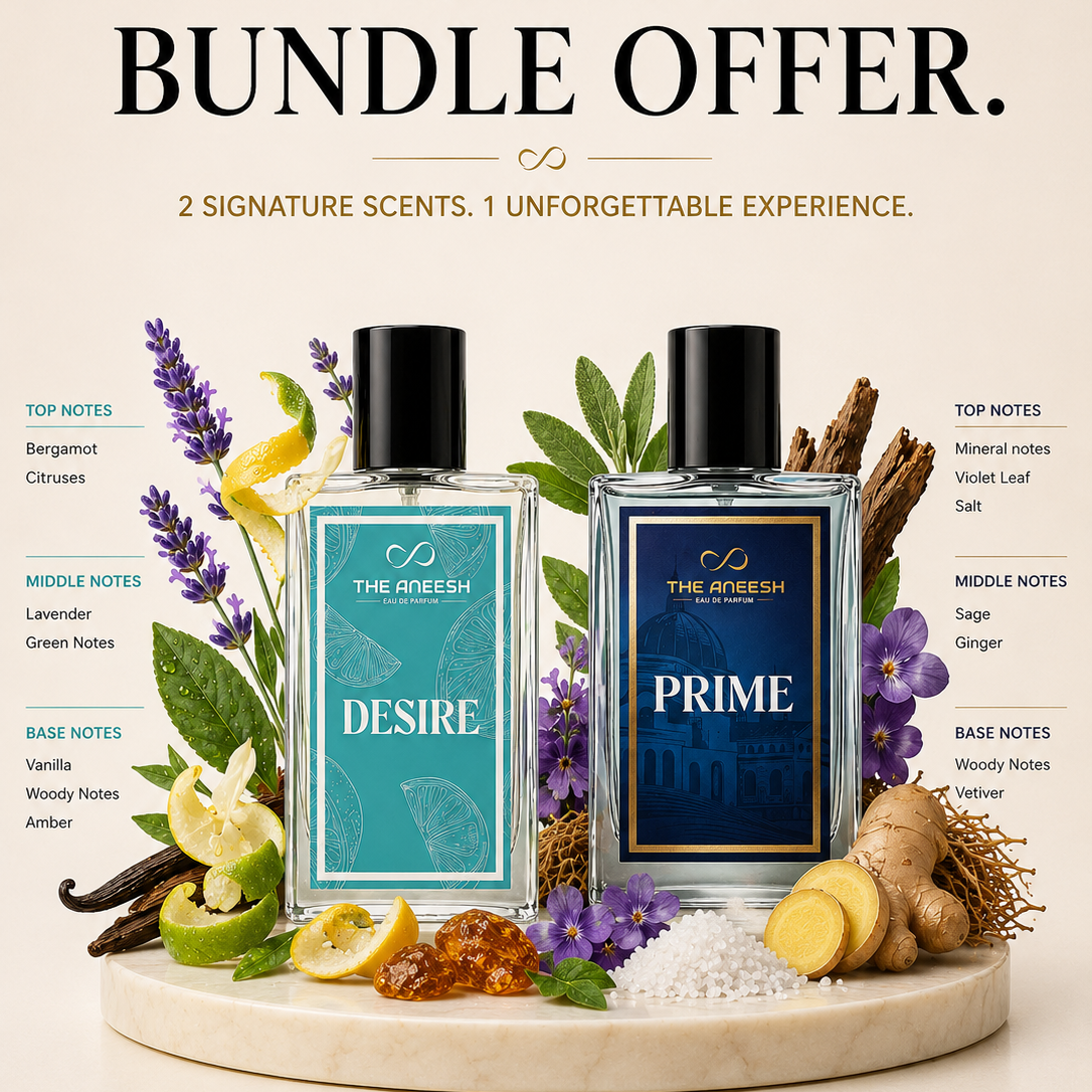 Promotional graphic for a fragrance bundle featuring two bottles labeled 'Desire' and 'Prime' by The Aphresh, displayed on a marble board with citrus slices, lavender, ginger, and spices against a beige background with text detailing the bundle's notes and benefits.