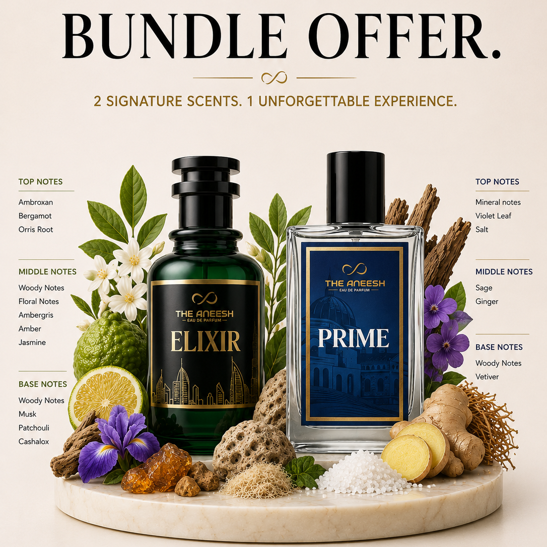 A promotional bundle graphic for 'The Fresh' perfume, featuring two bottles: a dark green glass bottle labeled 'ELIXIR' and a clear glass bottle labeled 'PRIME', both with black caps. They are displayed on a light wood tray surrounded by fragrance notes, botanicals, and citrus slices, with text overlays describing the bundle offer.