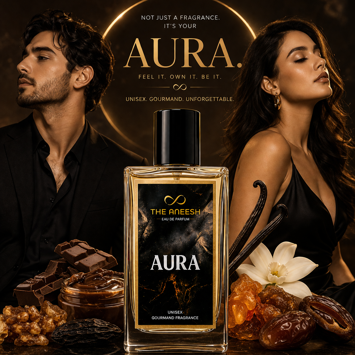 A bottle of The Aneesh Aura Eau de Parfum is centered against a dark, luxurious promotional background featuring a man and a woman in black clothing, surrounded by chocolate, dates, and a white flower. The product label is black with gold lettering.