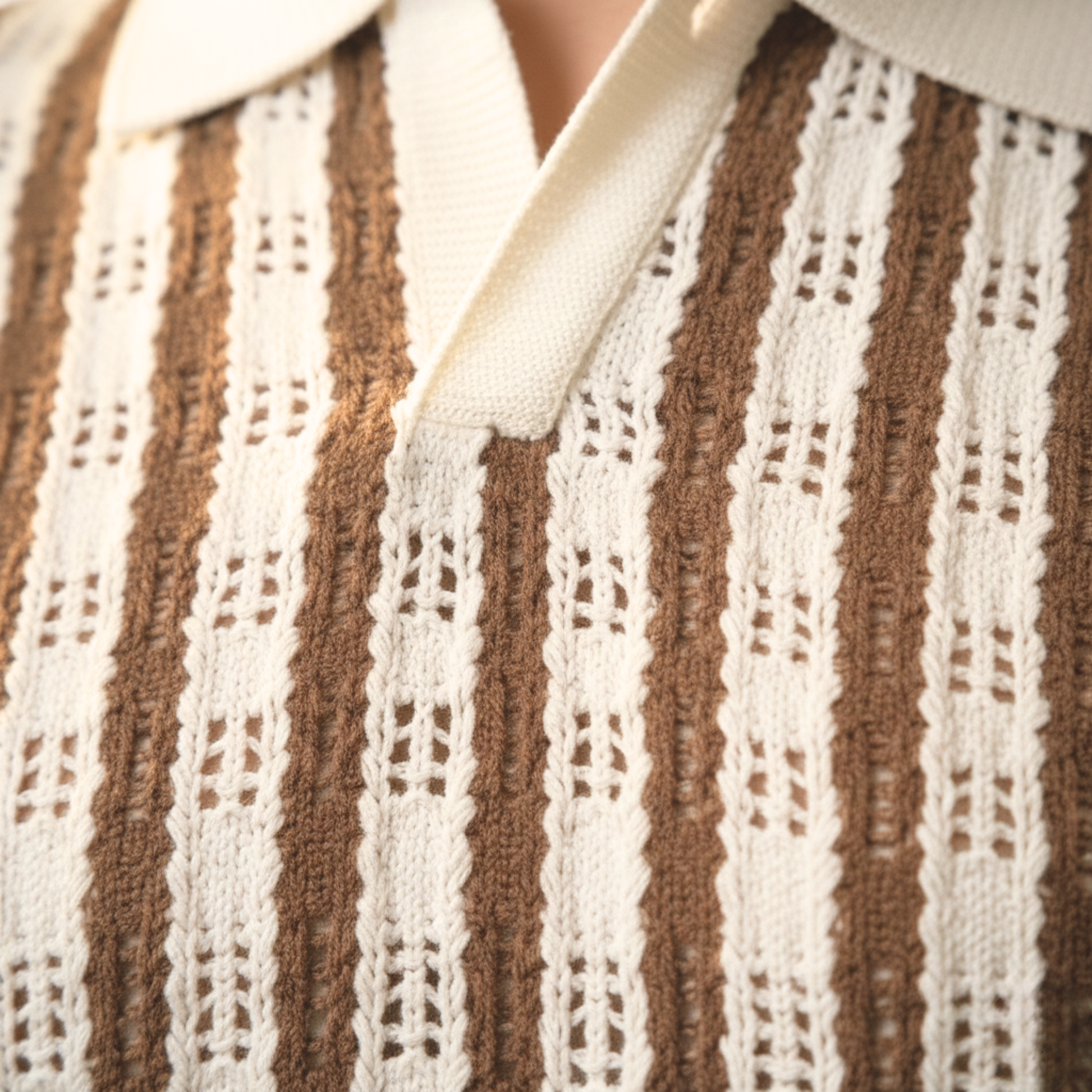 Retro Knit Striped Polo | Sand & Cream | TheAneesh