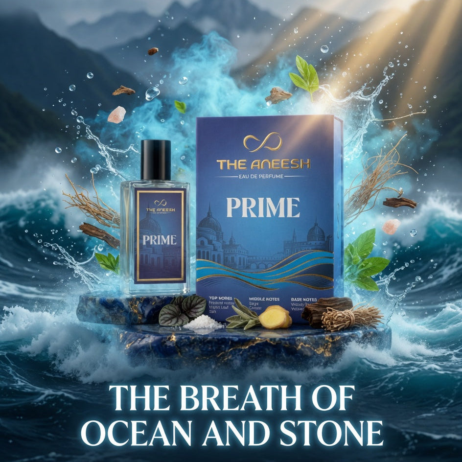 Perfume bottle and packaging with mountain and ocean background, featuring 'The Aneesh Prime' perfume.