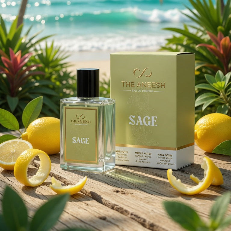 Sage perfume bottle and packaging on a wooden surface with lemons and palm trees in the background
