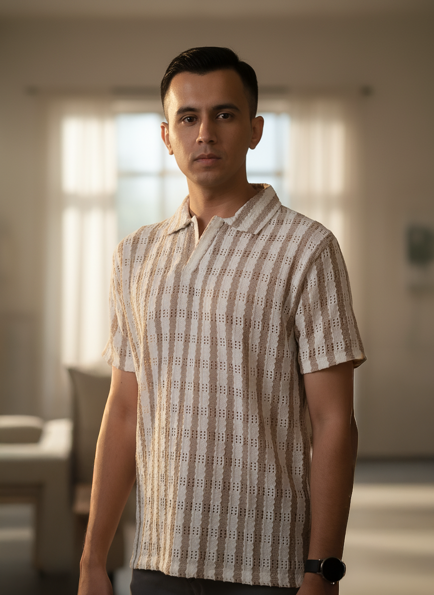 Retro Knit Striped Polo | Sand & Cream | TheAneesh